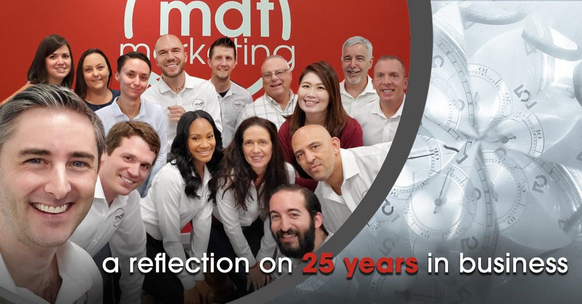 Image of MDT team with a text on the image showing a reflection on 25 years in business