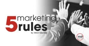 Image of a group sharing high fives with a text on the image showing 5 marketing rules By: Mitch Talenfeld