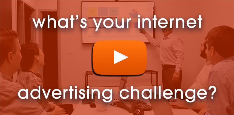 Image of a person pointing on a board in front of 4 other people and a youtube logo at the center with a text on the image showing what's your internet advertising challenge?