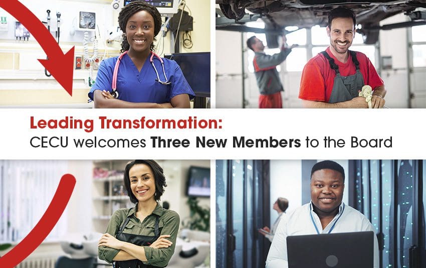 Image showing people with four different professions and text on the image showing Leading Transformation: CECU welcomes Three New Members to the Board