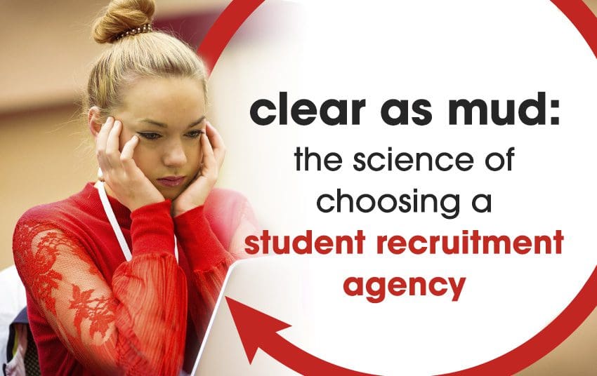 Image of a woman touching both her cheeks with her palm with a text on the image showing clear as mud: the science of choosing a student recruitment agency